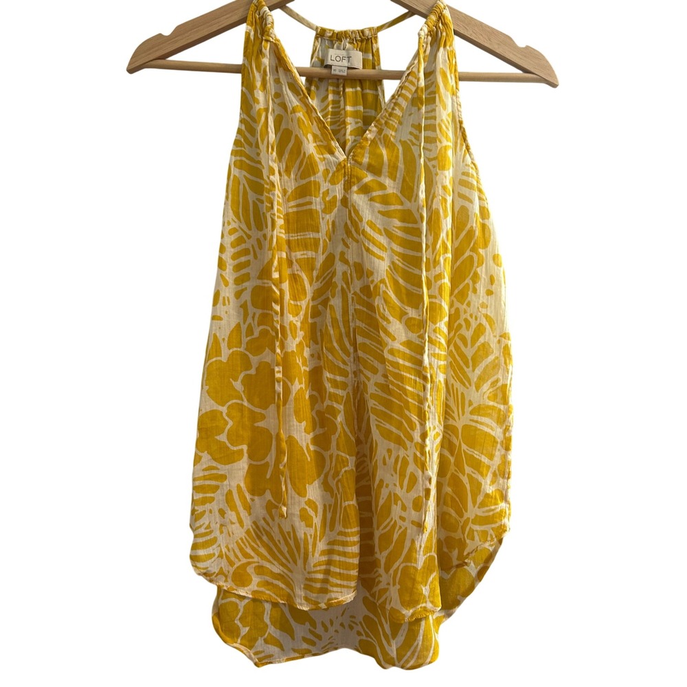 LOFT Womens XS Yellow Tropical Floral Cotton Gauze Halter Tank Top Tie Neck
